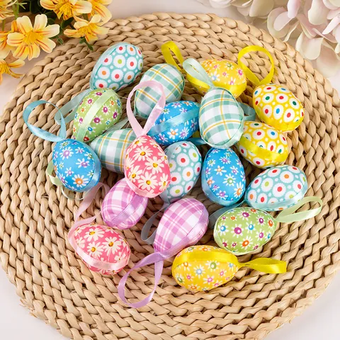 Easter Decorative Eggs Foam Fabric Wrapped Ornaments With Ribbon Floral Grid Patterns Hanging Ornaments For Home Party Festive Decor