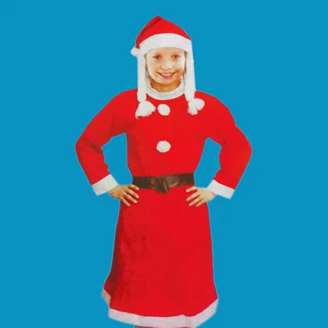 Santa Claus Costume For Women Girls Boys Christmas Performance Outfit Polyester Gold Velvet Non-woven Fabric Dress Hat Belt Beard