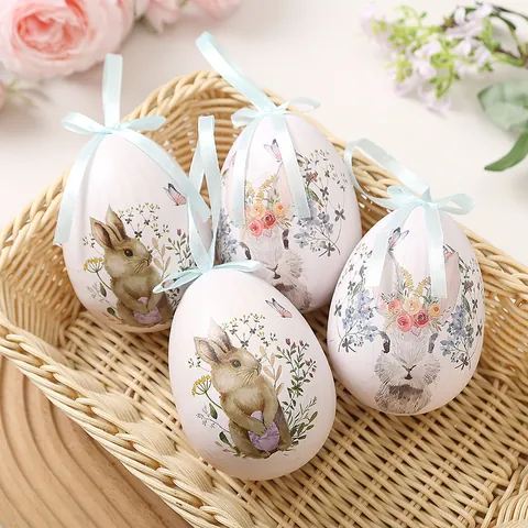 Easter Rabbit Egg Ornament 8x10cm Foam Paper Wrapped Floral Pattern Hanging Egg For Easter Party Home Holiday Decoration