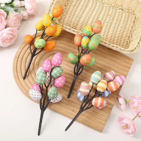 Artificial Easter Egg Branches Foam Egg Stems For Home Desktop Decoration Printed Colorful Egg Floral Arrangement Party Decor