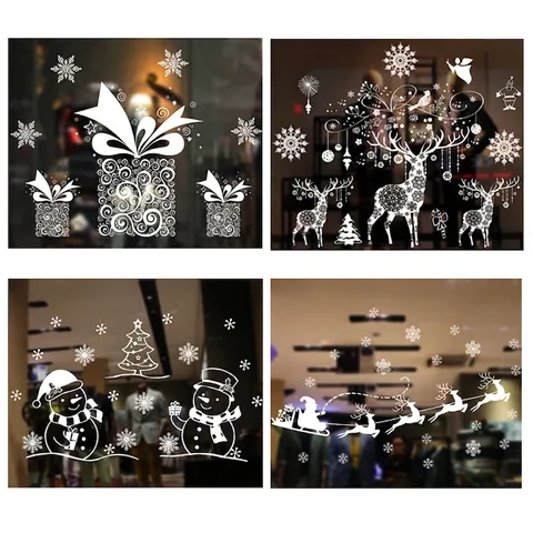 White Christmas Window Static Cling PVC Snowflake Reindeer Santa Claus Static Adsorption Decal For Holiday Showcase Decor