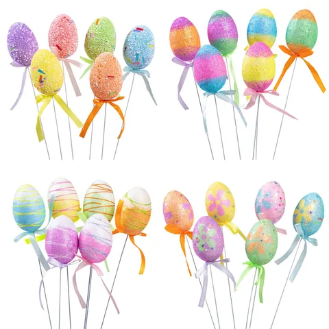 Easter Foam Egg Picks Colorful Glitter Egg Stems With Ribbon Bow For DIY Easter Wreath Basket Home Party Decoration Ornament