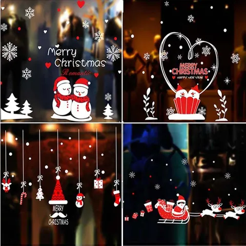 Large Static Cling Christmas Window Stickers PVC Glue-Free Reindeer Santa Snowman Decals For Shop Home Holiday Decor