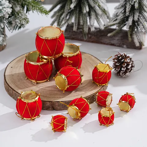 Christmas Flocked Small Drum Hanging Ornaments Red Gold Festive Tree Decorations For Holiday Home Party Scene Layout Props Accessories