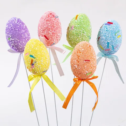 Easter Foam Egg Picks Colorful Glitter Egg Stems With Ribbon Bow For DIY Easter Wreath Basket Home Party Decoration Ornament