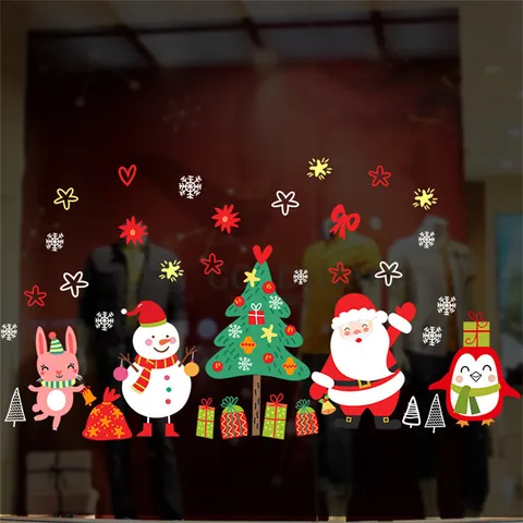 Large Static Cling Christmas Window Stickers PVC Glue-Free Reindeer Santa Snowman Decals For Shop Home Holiday Decor