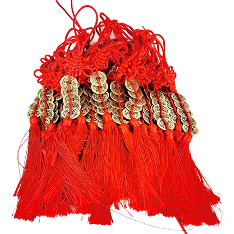 Nodo Cinese Cinque Monete dell'Imperatore Ornamento Pendente Nappina Rossa Ottone Moneta Antica Portafortuna Decorazione Capodanno
