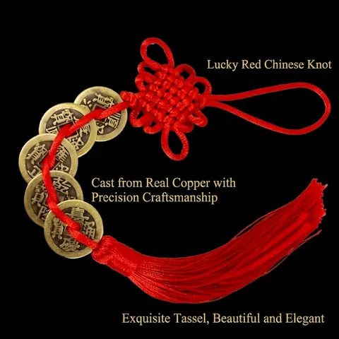 Nodo Cinese Cinque Monete dell'Imperatore Ornamento Pendente Nappina Rossa Ottone Moneta Antica Portafortuna Decorazione Capodanno