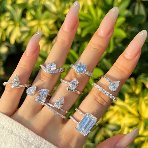 Bague en Argent Sterling 925 pour Femme Géométrique Goutte d'Eau Cœur Zirconia Incrusté Taille Fleur de Glace Mariage Bijoux