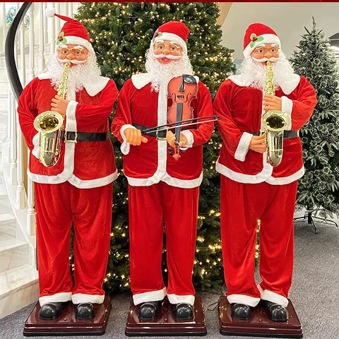 Large Musical Animated Standing Santa Claus Figure Playing Saxophone Violin Red Velvet Holiday Home Mall Decoration Gift
