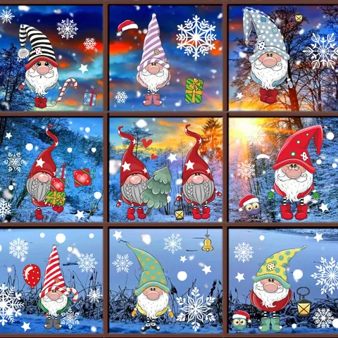 Christmas Static Window Stickers Santa Claus Gnome Reindeer Snowflake Decor For Home Glass Shop Window Xmas Decorative Decals