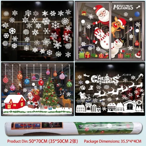 Merry Christmas Window Stickers White Snowflake Santa Claus Reindeer Static Cling PVC Decals For Shop Home Glass Decor