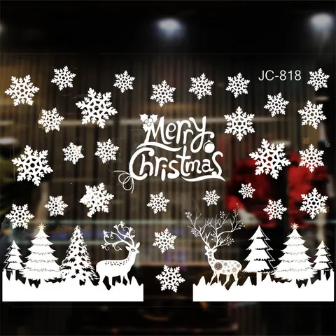 Merry Christmas Window Stickers White Snowflake Santa Claus Reindeer Static Cling PVC Decals For Shop Home Glass Decor