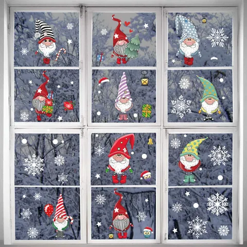 Christmas Static Window Stickers Santa Claus Gnome Reindeer Snowflake Decor For Home Glass Shop Window Xmas Decorative Decals