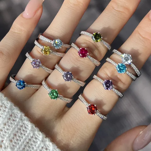 Elegant French 925 Sterling Silver Birthstone Ring Round Cubic Zirconia Single Stone Proposal Ring Exquisite Wedding Jewelry For Women