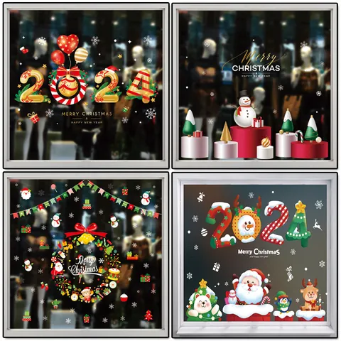 Large Christmas Window Clings Static Stickers 2024 New Design Reusable PVC Santa Snowman Reindeer Glass Decor For Holiday Party Home Window Ornament