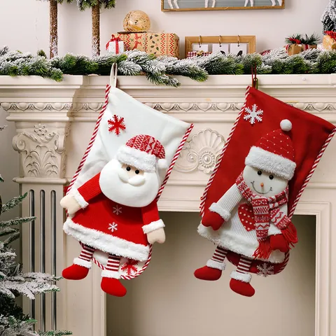Calcetín de Navidad Grande de Dibujos Animados Decoración con Patrón de Papá Noel y Muñeco de Nieve para Fiesta y Hogar