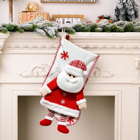 Calcetín de Navidad Grande de Dibujos Animados Decoración con Patrón de Papá Noel y Muñeco de Nieve para Fiesta y Hogar
