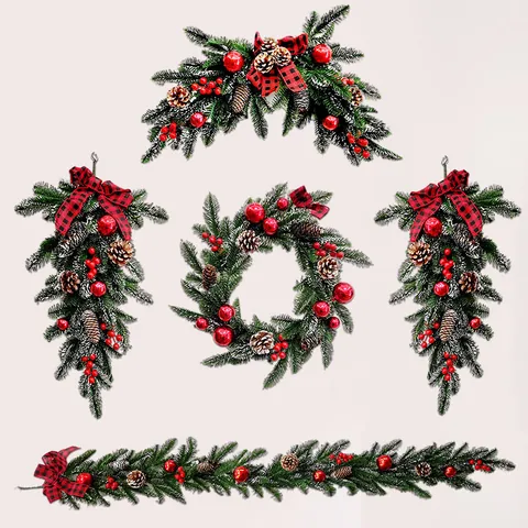 Artificial Christmas Wreath Garland With Pine Cones Red Berries Buffalo Plaid Bow Frosted Needle Swag For Front Door Home Wall Decor