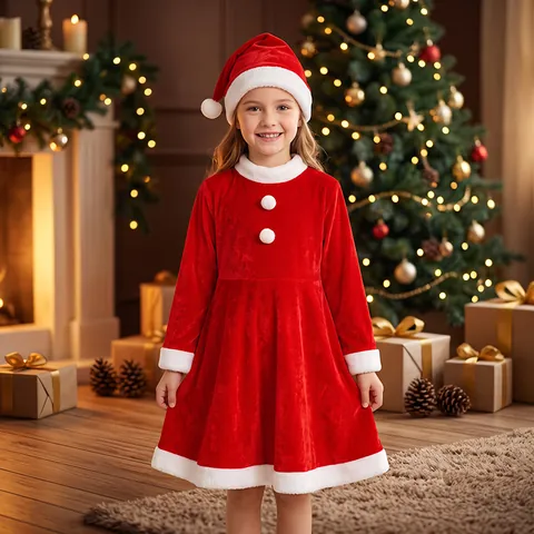 Mädchen Hochwertiges Weihnachtsmann Kostüm Set Plüsch Samt Weihnachtskleid Mit Hut Rot Weiß Performance Party Outfit Für Kinder