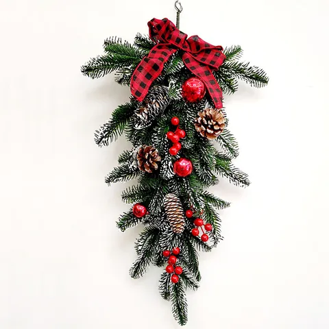 Artificial Christmas Wreath Garland With Pine Cones Red Berries Buffalo Plaid Bow Frosted Needle Swag For Front Door Home Wall Decor