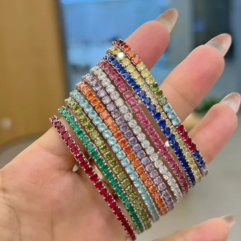 S925 Sterling Silver Colorful Zirconia Tennis Bracelet For Women Elastic Bohemian Sparkly CZ Hand Chain Jewelry Gift