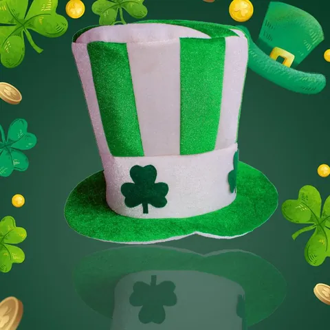 St. Patrick's Day Leprechaun Top Hat Green White Striped Fabric Hat With Shamrock Applique Irish Party Performance Hat
