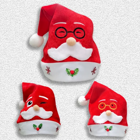 Red Christmas Santa Hat Soft Non-woven Fabric Santa Snowman Reindeer Embroidery Design With Plush Trim Xmas Party Costume Supplies