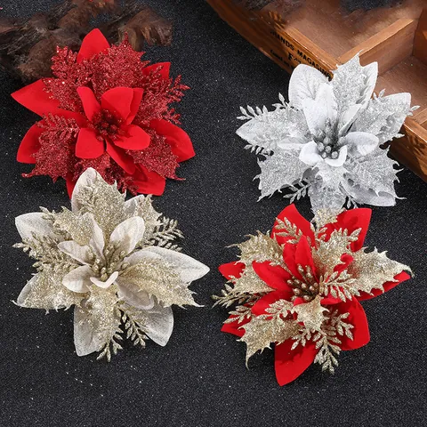 Glinsterende Kunstmatige Kerstbloemen Kerstster Glitter Plastic Bloemen Voor Kerstboom Krans Vakantie Decoratie Ornament