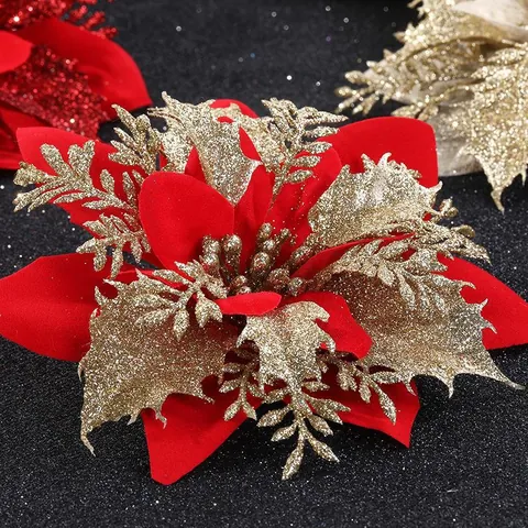 Glinsterende Kunstmatige Kerstbloemen Kerstster Glitter Plastic Bloemen Voor Kerstboom Krans Vakantie Decoratie Ornament