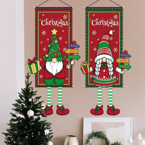 Tapisserie Affiche de Noël en Dessin Animé à Suspendre au Mur Avec Longues Jambes Tissu Imprimé Décoration Festive pour Maison Fête Merry Christmas Ornement