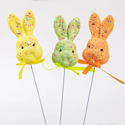 Easter Foam Bunny Decorative Picks Colorful Sequined Polystyrene Rabbit Head Ribbon Bow Stick Party Home Garden Decoration