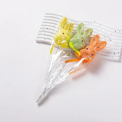 Easter Foam Bunny Decorative Picks Colorful Sequined Polystyrene Rabbit Head Ribbon Bow Stick Party Home Garden Decoration