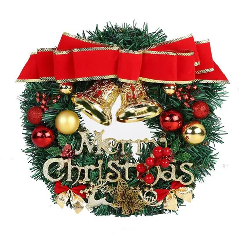 Handgemaakte Kerstkrans Met Rode Strik Gouden Bellen Merry Christmas Bord PVC Kunstmatige Pijnboomnaald Krans Voor Voordeur Raam Vakantie Huis Decoratie