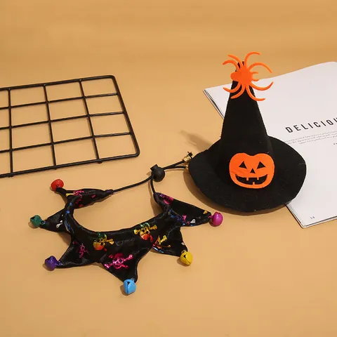 Conjunto de Gorro de Mago y Bufanda para Mascotas Halloween Disfraz de Gato Perro Calabaza Murciélago