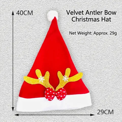 Red Christmas Hat with Glitter Antlers and Polka Dot Bow Soft Brushed Festive Xmas Ornament For Adults Kids Party Decoration