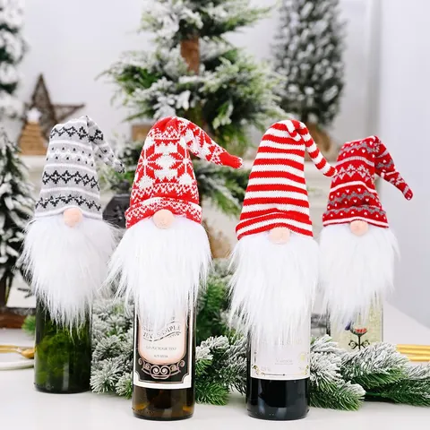 Christmas Gnome Wine Bottle Cover Knitted Faceless Old Man Wine Bottle Cap Decorative Ornament For Holiday Xmas Table Party Decoration