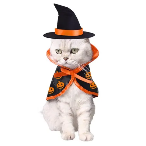 Halloween Pet Costume Wizard Cape And Hat Set For Cats Small Dogs Pumpkin Bat Printed Satin Cloak Vampire Party Dress Up