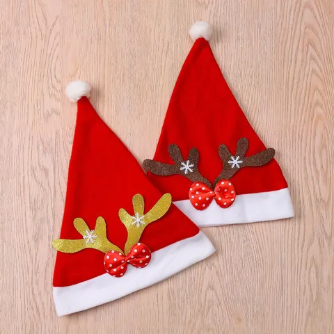 Red Christmas Hat with Glitter Antlers and Polka Dot Bow Soft Brushed Festive Xmas Ornament For Adults Kids Party Decoration