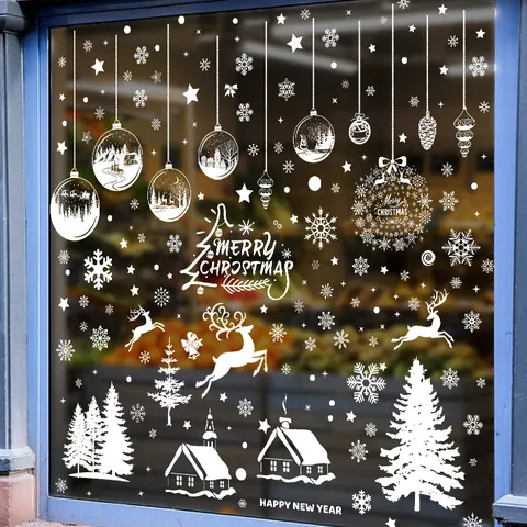 Pegatinas de Ventana de Navidad Blancas Reno Copos de Nieve Casa de Nieve Adherencia Estática Decoración Para Cristales Puertas 9 Hojas