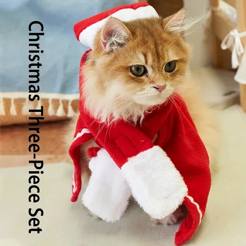 Conjunto de Disfraz de Navidad para Mascotas Poliéster Rojo Suave Bufanda Capa Sombrero Decoración para Gatos Perros