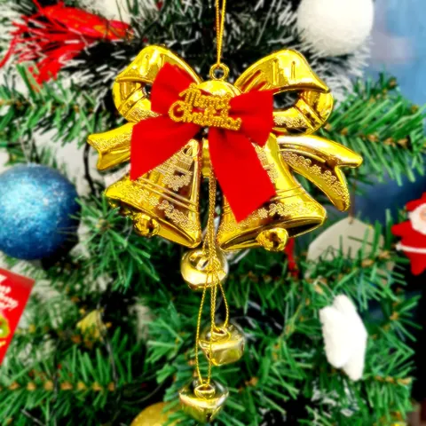 Weihnachten Gold Glocke Anhänger mit Rote Samtschleife Doppel Flachglocken und 3 Kleine Glocken Hängende Ornament für Deko