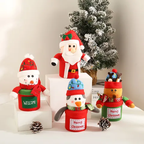 3D Christmas Plush Gift Bucket Santa Snowman Reindeer Penguin Cartoon Figure Apple Candy Pouch Holiday Party Decor Gift Basket