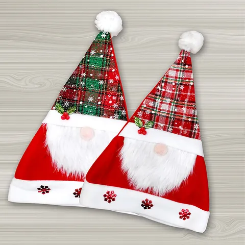 Creative Santa Claus Christmas Hat with White Beard Red Green Plaid Pattern Velvet Plush Christmas Party Decoration Hat