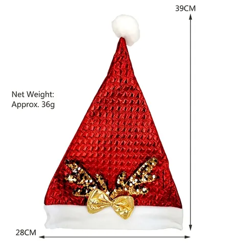 Festive Christmas Hat with Sequined Antlers and Bow Decoration Brushed Sequin Reindeer Santa Hat for Holiday Party Celebration Unisex
