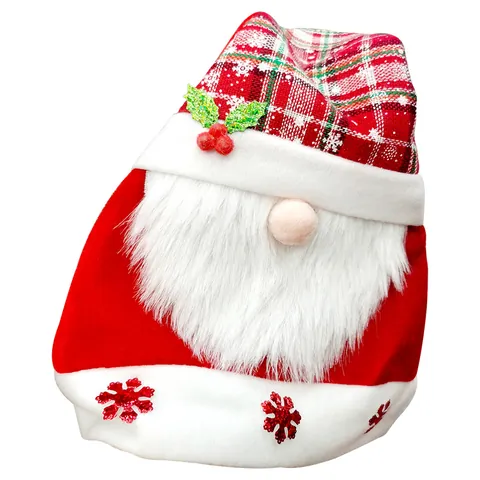 Creative Santa Claus Christmas Hat with White Beard Red Green Plaid Pattern Velvet Plush Christmas Party Decoration Hat