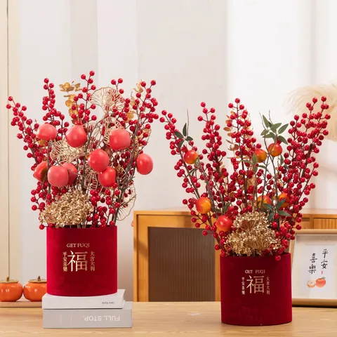 Chinese Lunar New Year Fortune Bucket Red Berries Artificial Flower Arrangement Spring Festival Persimmon Home Decoration Ornament Centerpiece