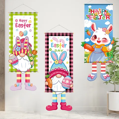 Easter Hanging Flag Decoration Cartoon Rabbit Gnome Printed Banner For Holiday Home Wall Door Hanging Decor
