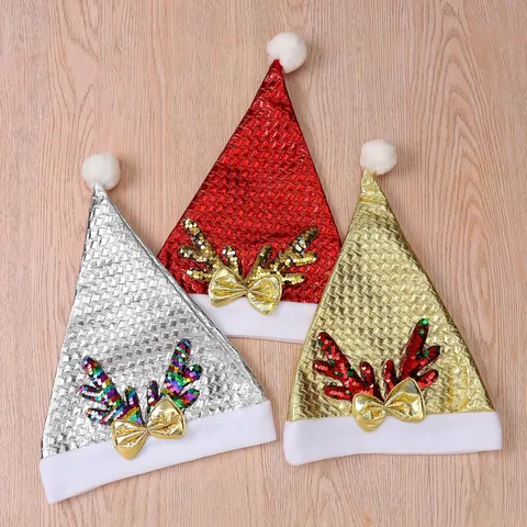 Festive Christmas Hat with Sequined Antlers and Bow Decoration Brushed Sequin Reindeer Santa Hat for Holiday Party Celebration Unisex