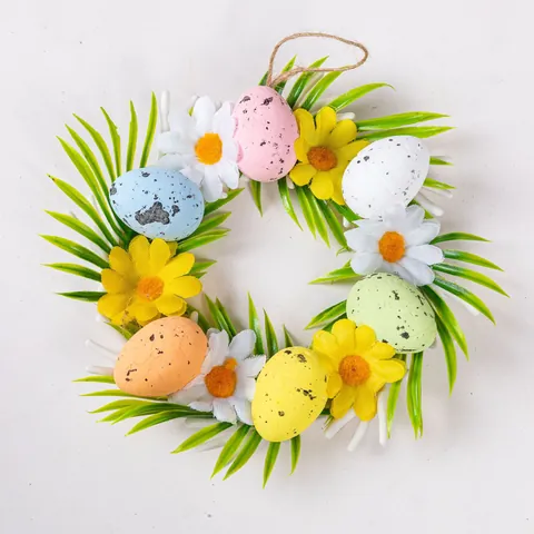 Easter Egg Wreath Macaron Spotted Foam Eggs Artificial Daisy Flower Garland For Front Door Wall Hanging Home Decoration